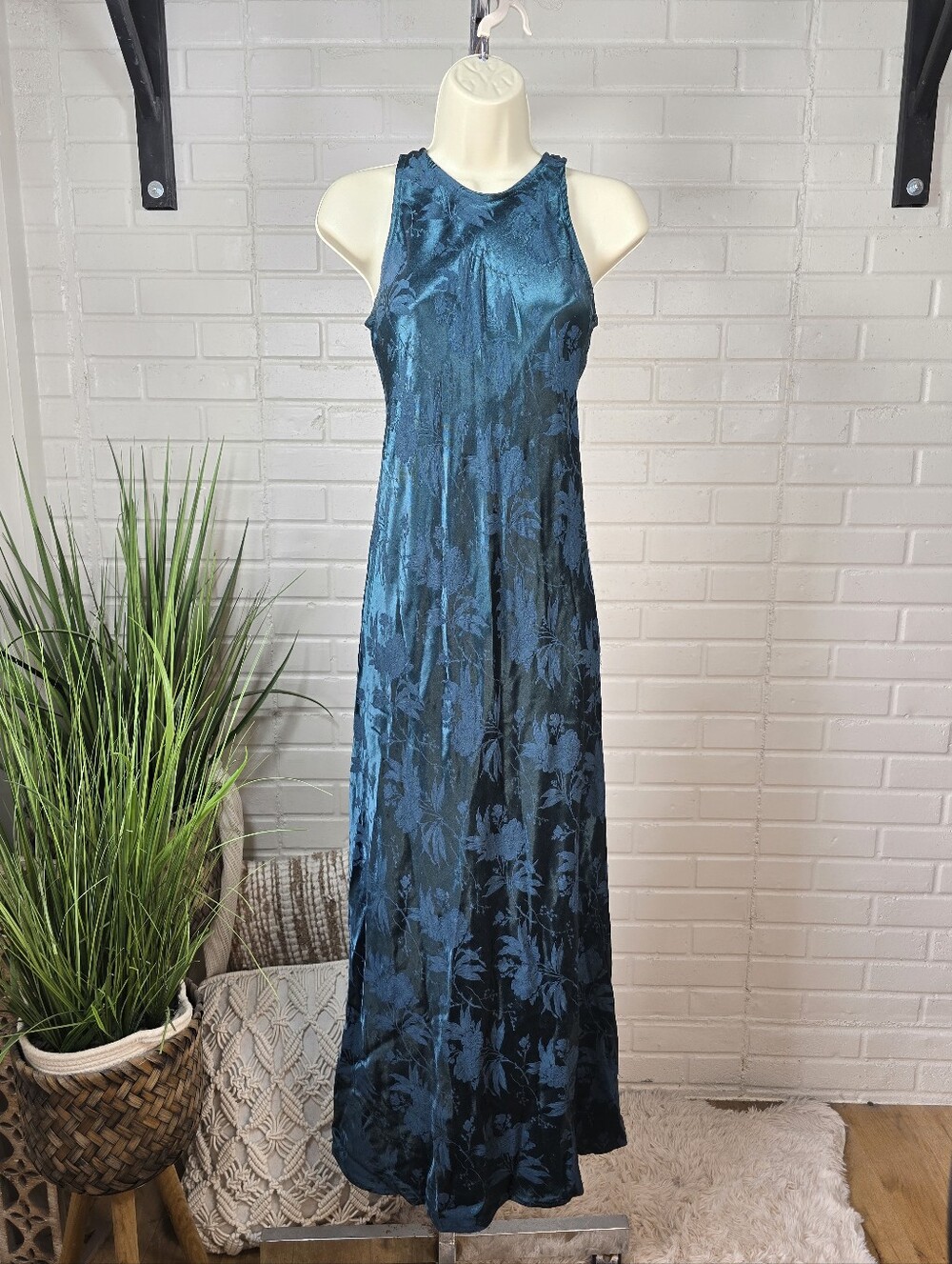 All That Jazz Teal Floral Maxi High Collar Dress Size 3/4